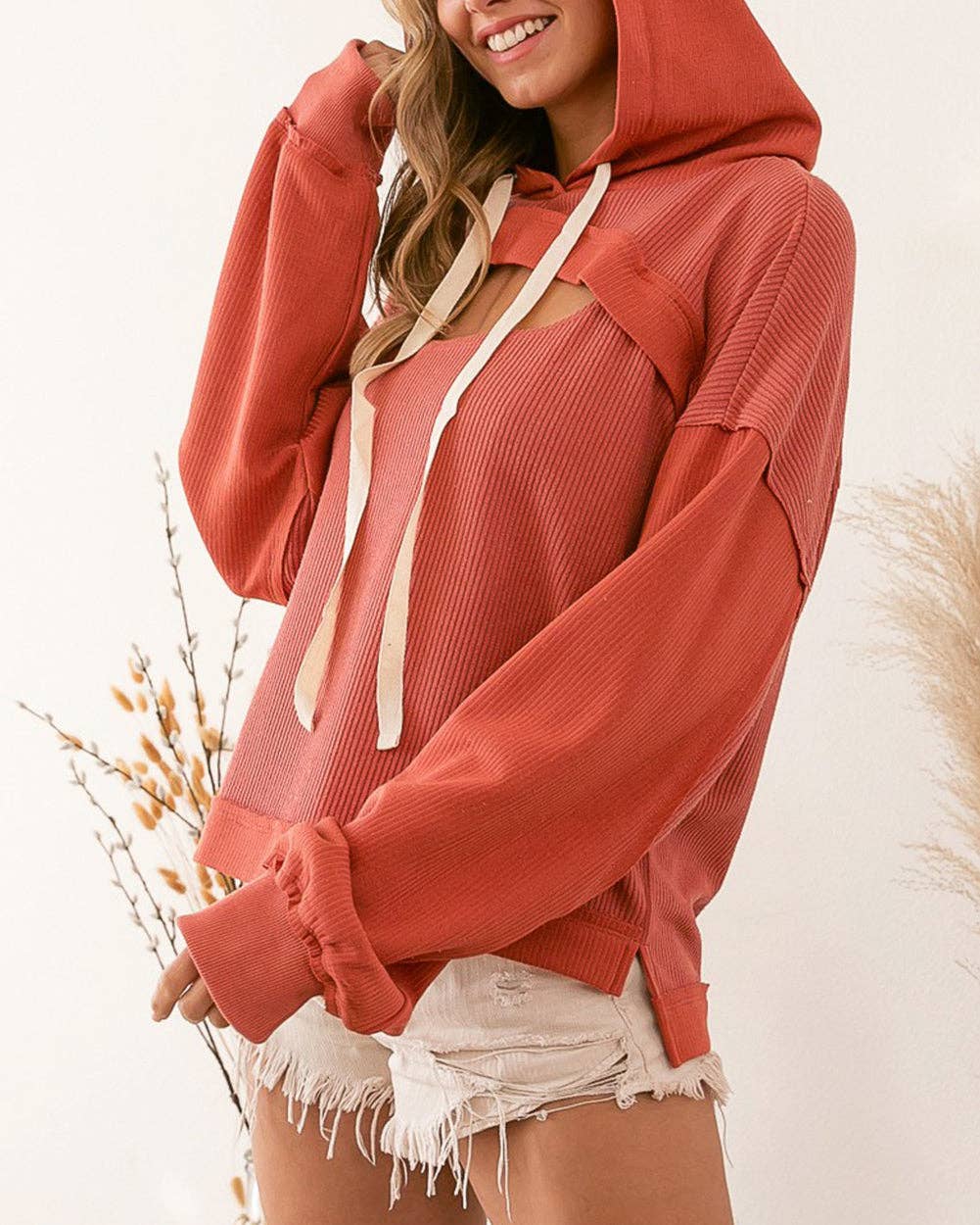 Cut out Bust High Low Ribbed Hoodie