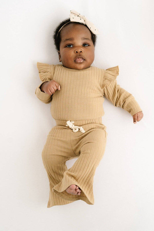 Camel Ribbed Flutter Bodysuit Set